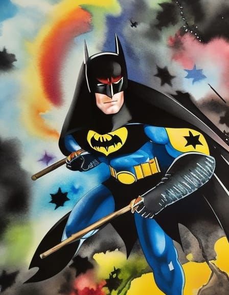 Batman in Watercolor Action Scene with Bubbles