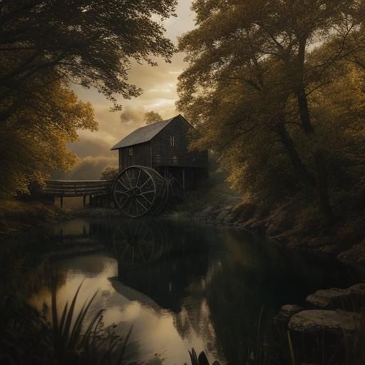 Rustic Miller at Water Wheel in Golden Light