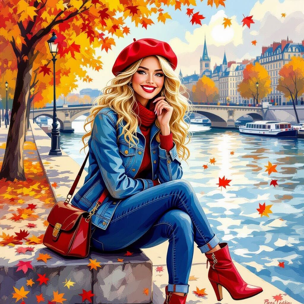 Sassy Blonde Woman in Red Beret by Seine River
