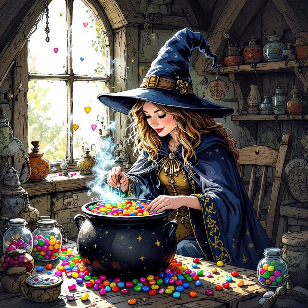 Whimsical Witch Stirring Jelly Beans, Ink Illustration
