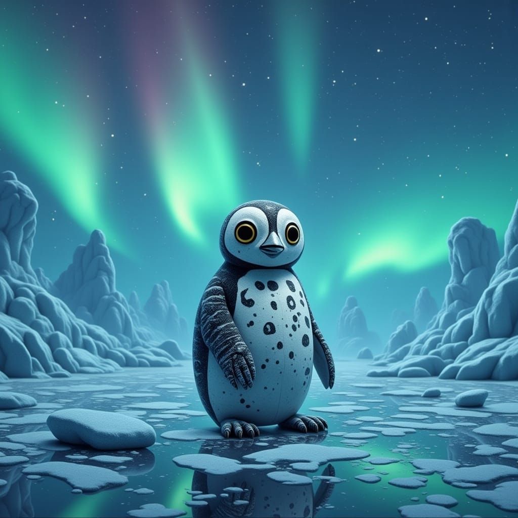 Surreal Penguin in Futuristic Arctic Landscape
