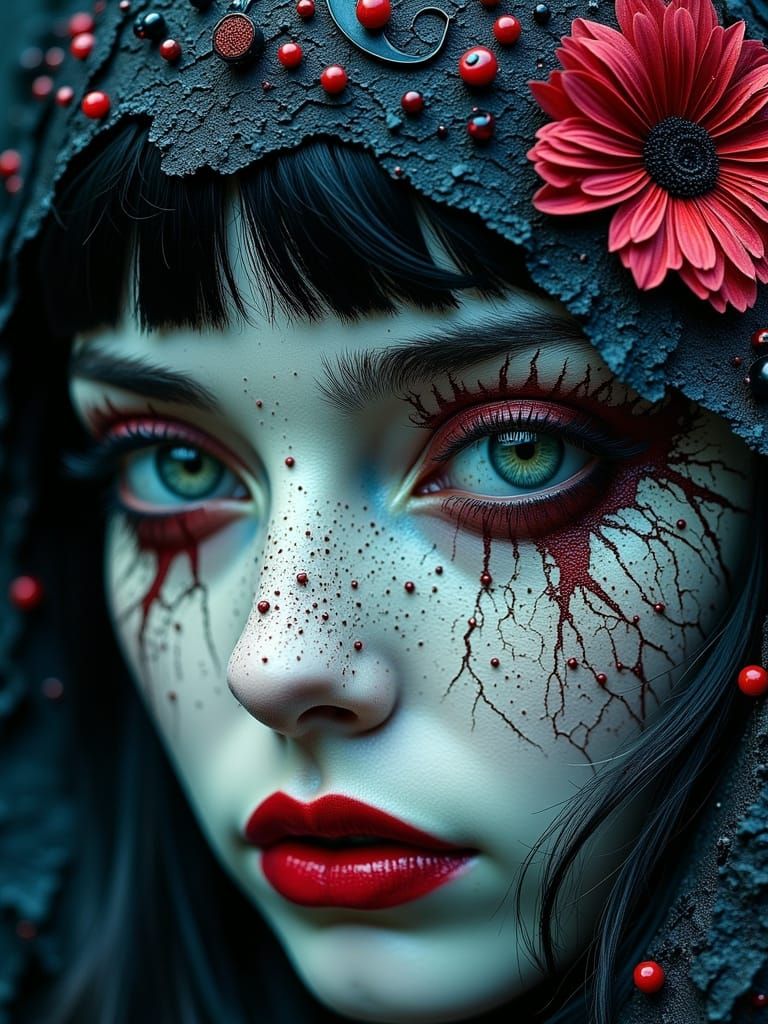 Gothic Woman with Zentangle Patterns and Cracked Skin