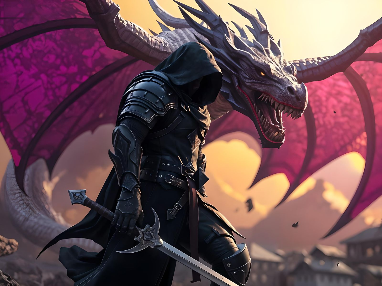 Dark Knight and Dragon Fantasy Art