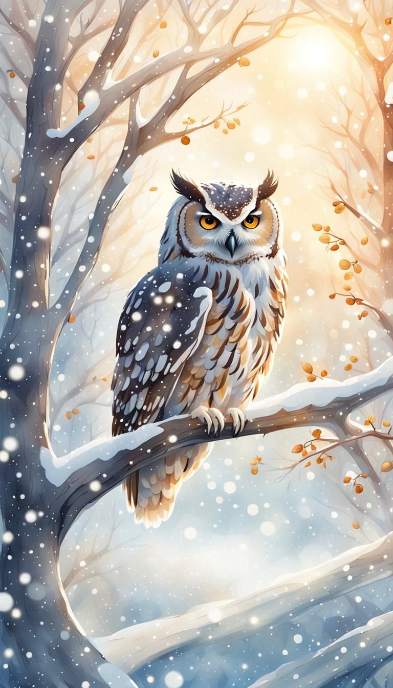 Snowy Tree Owl in Whimsical Watercolor