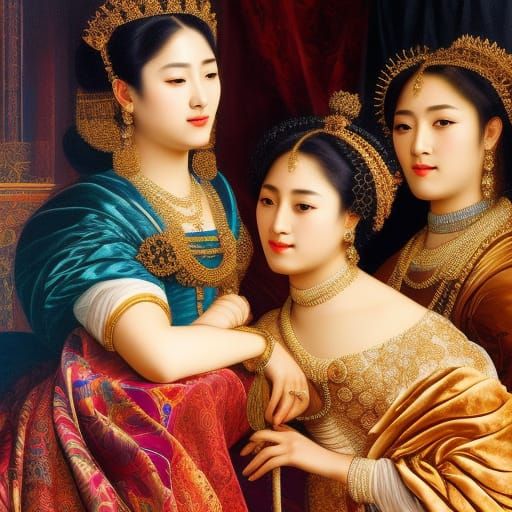 Detailed Portrait of Ladies in Rich Tapestry