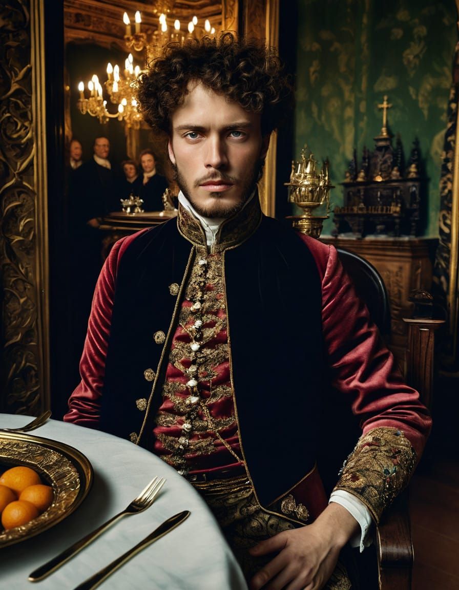 Regal Duke Seated in Elaborate Castle, Shot in Cinematic Fil...