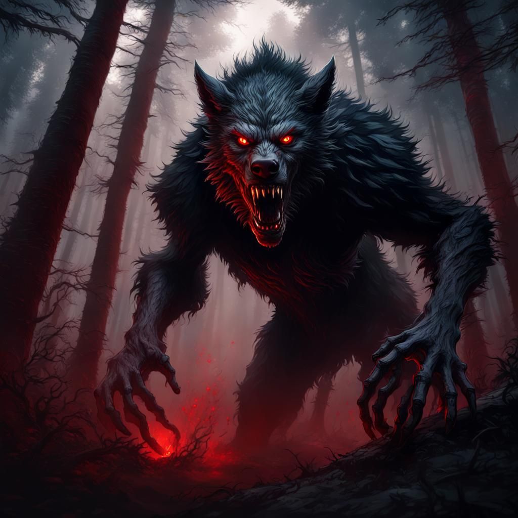 Red-Eyed Werewolf Charges from Dark Woods