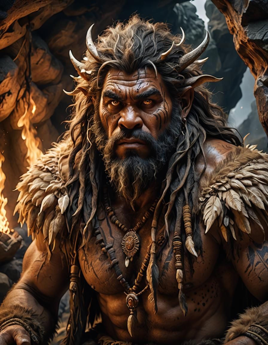 Intricate Caveman Portrait in Prehistoric Cave