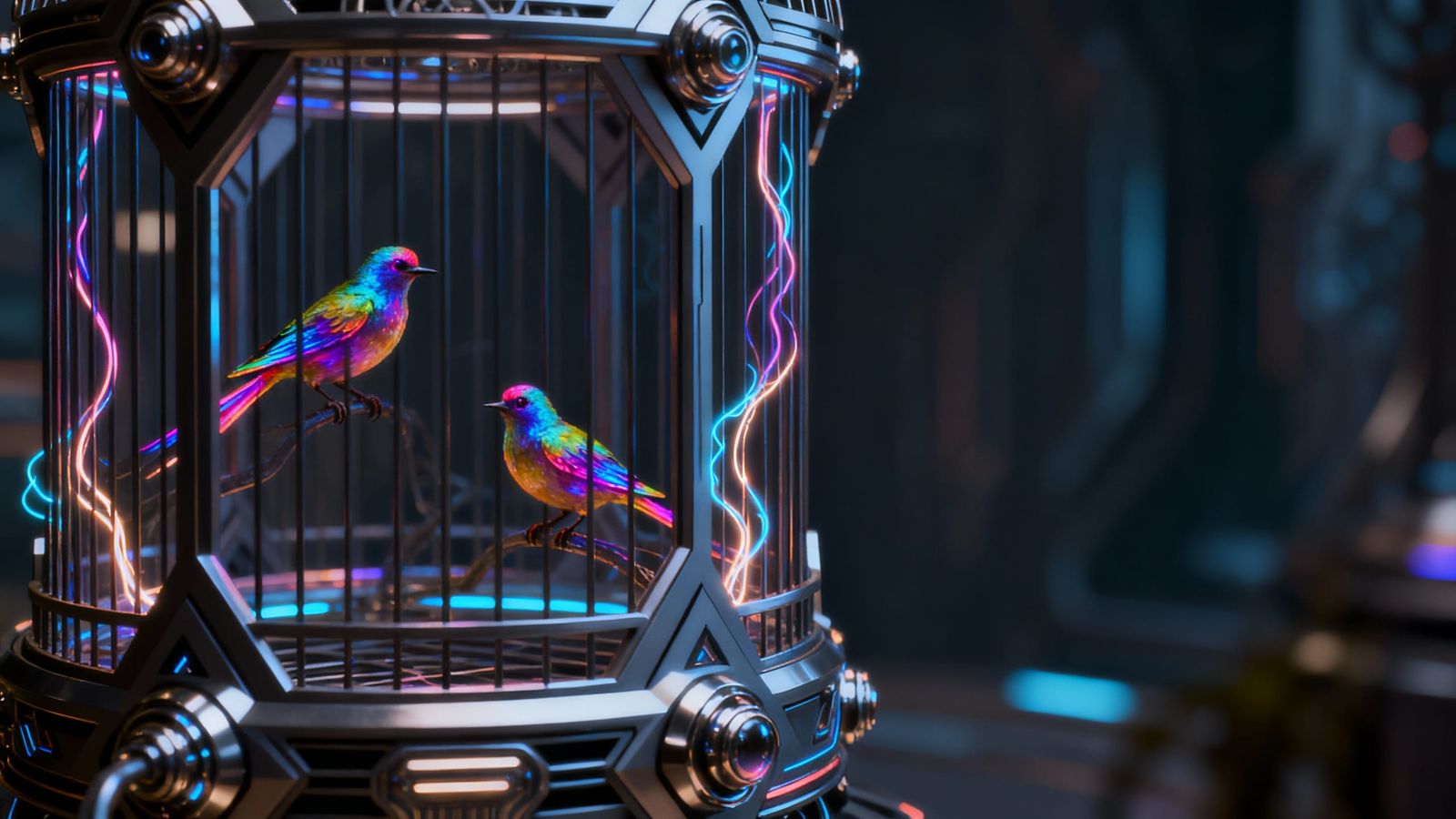 Futuristic Birdcage With Neon Birds