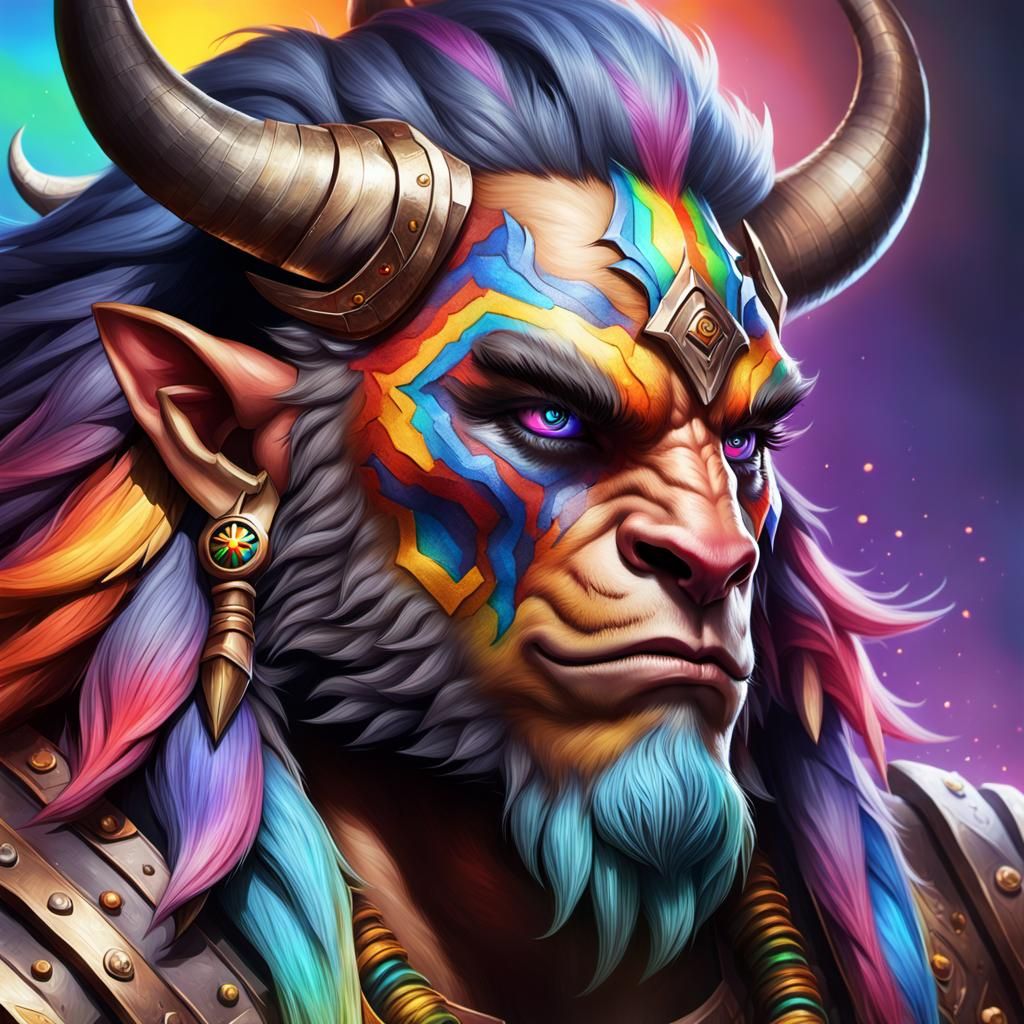 Intricately Detailed Tauren Warrior with Rainbow Features