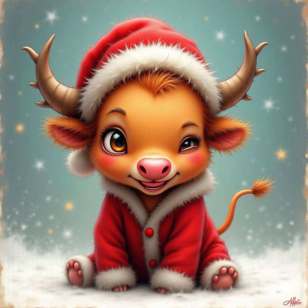 Cute Highland Cow in Christmas Pajamas: Airbrush Illustratio...