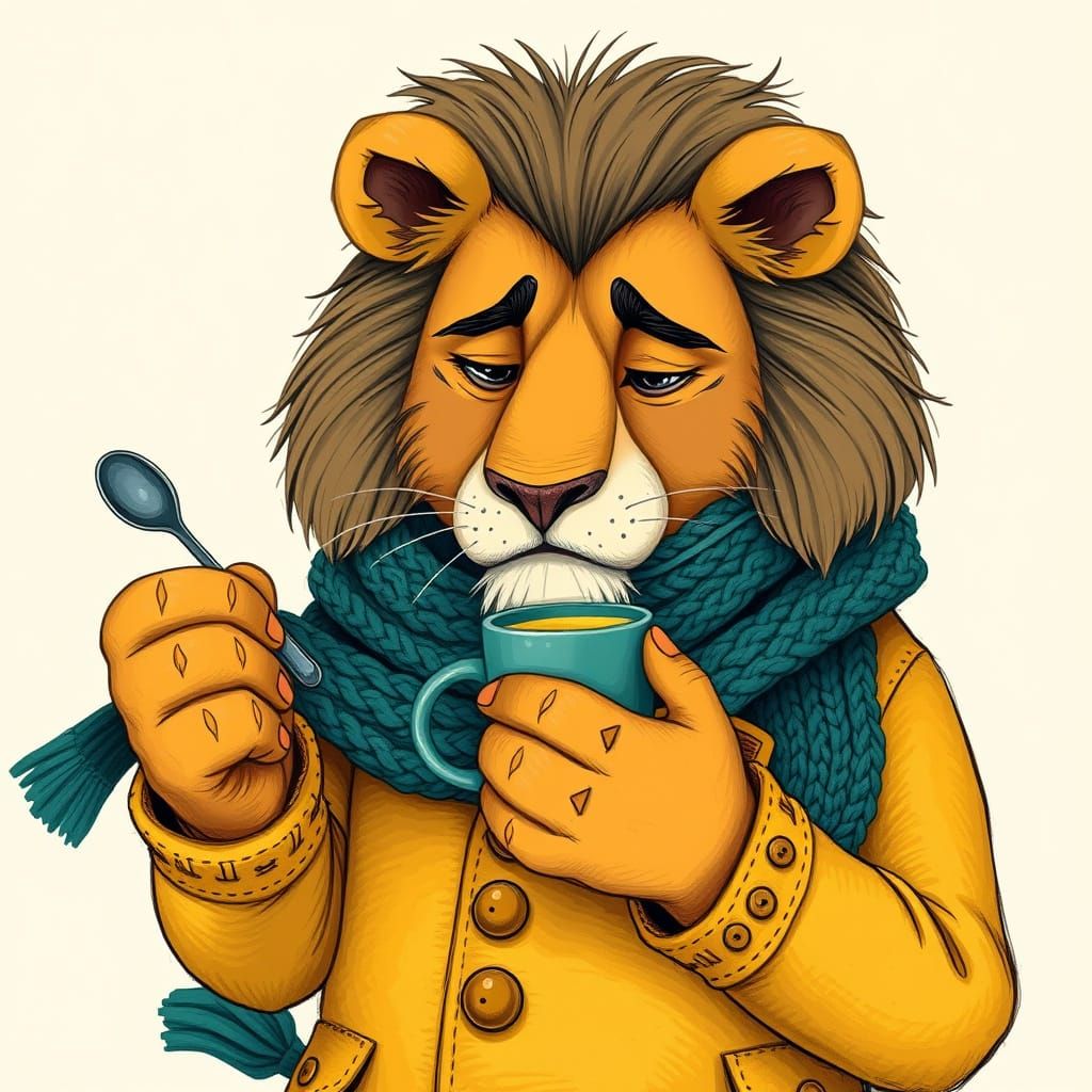Lion in Mustard Coat with Mug, Hand-Drawn Style