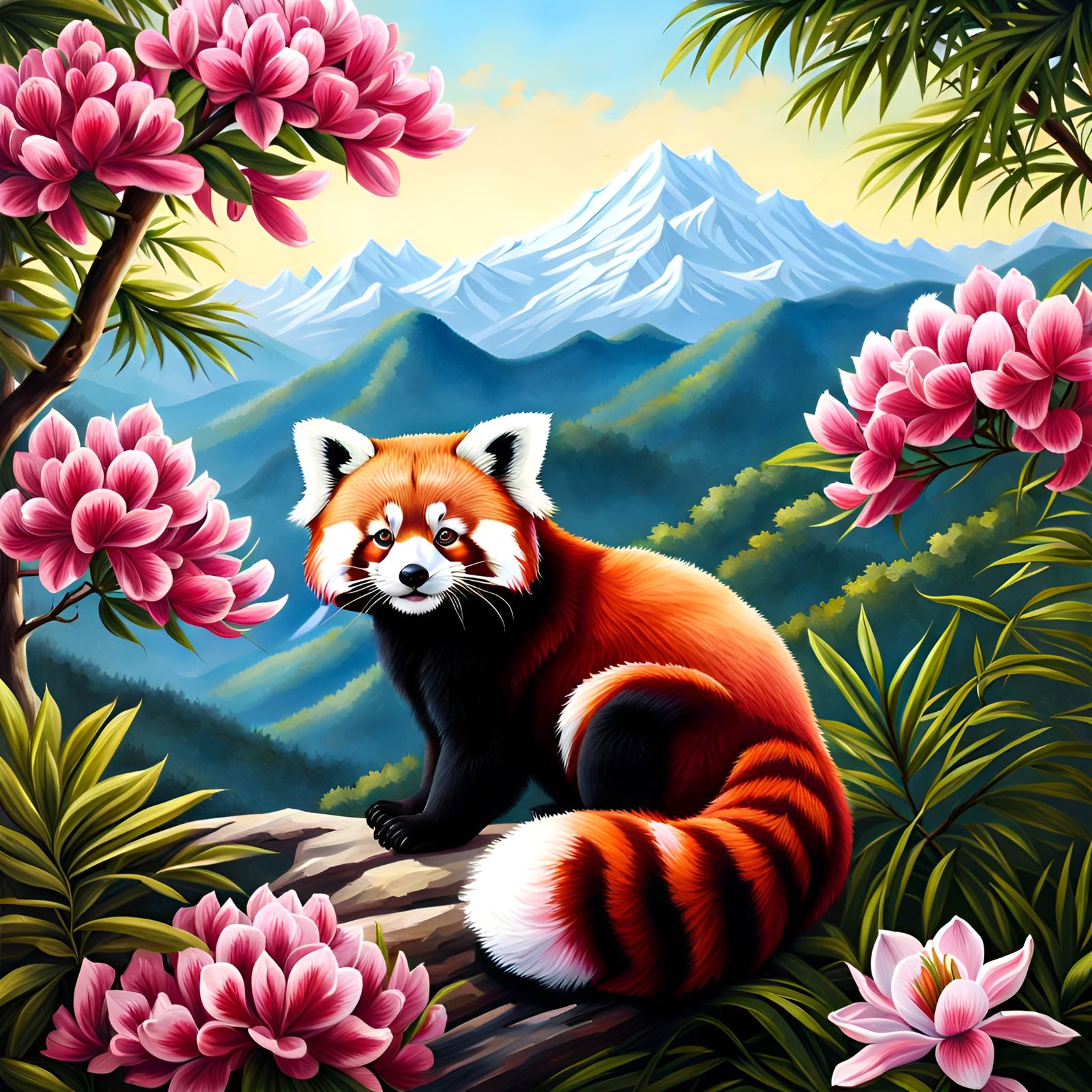 Red Panda in Mountain Landscape, Oil Painting