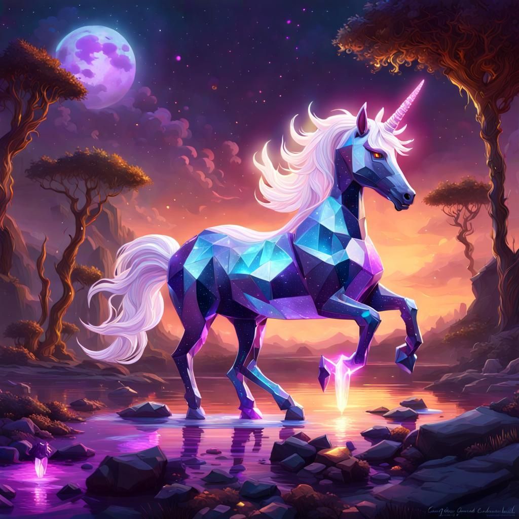 Bioluminescent Crystal Unicorn Under Moonlight