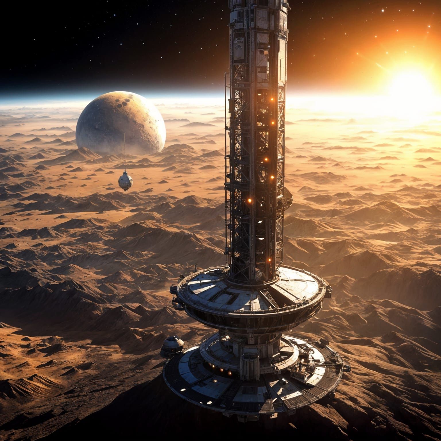 Futuristic Space Elevator on Asteroid Horizon