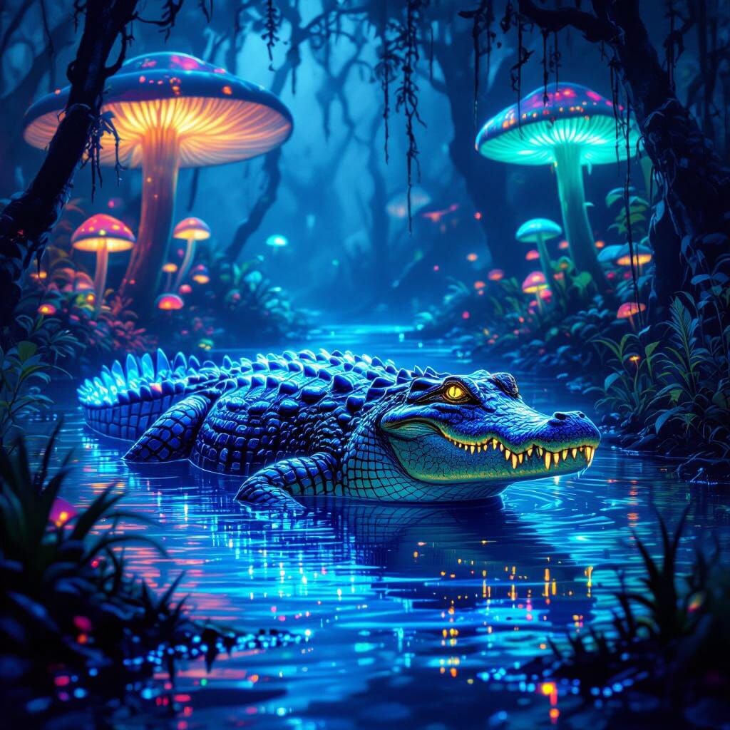 Bioluminescent Crocodile in Mystical Swamp
