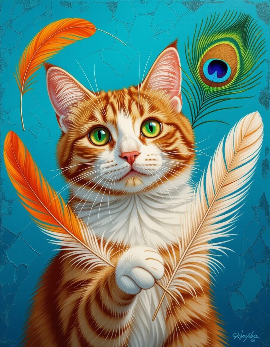 Orange Tabby Cat Plays with Vibrant Feathers in Oil Painting