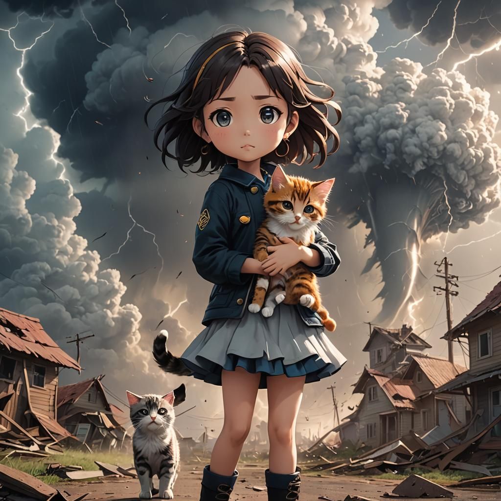Miniature Girl with Kitten Facing Tornado in Anime Style