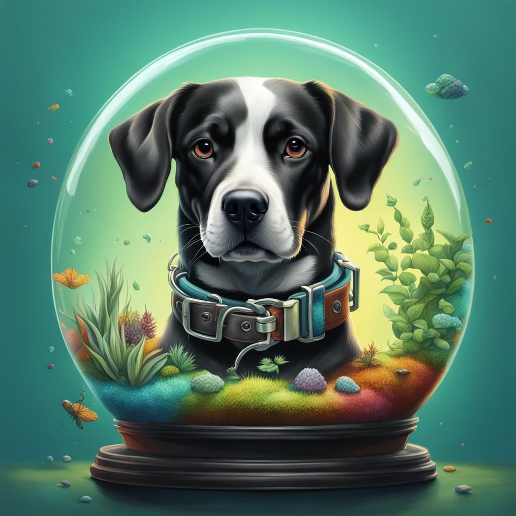 Dog Wearing Terrarium Collar in Splash Art Style