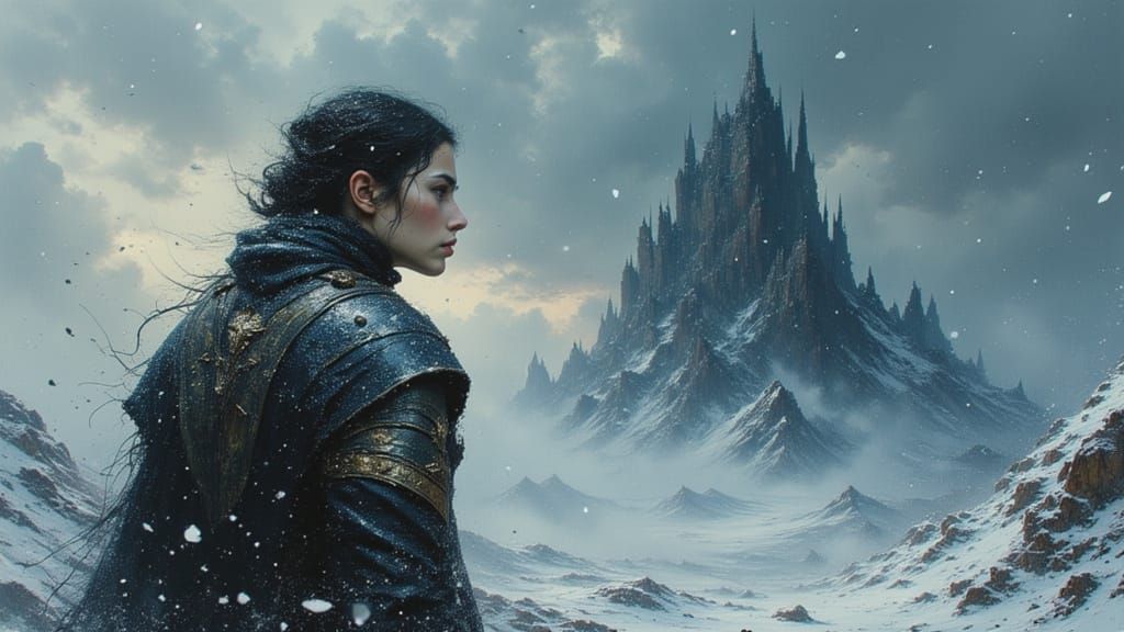 Warrior Portrait in Snowy Horizon, Dark Steel Armor