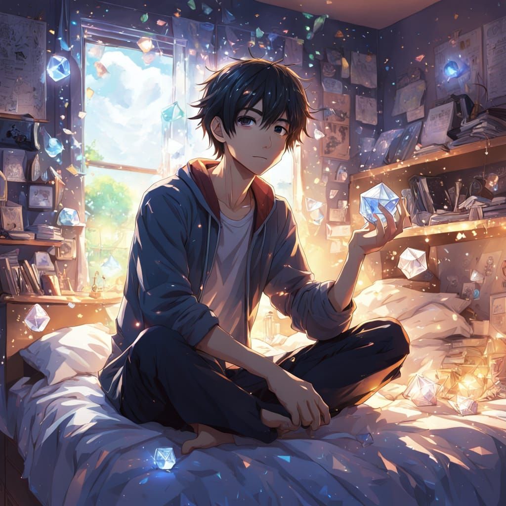 Anime Boy with Crystal in Messy Room