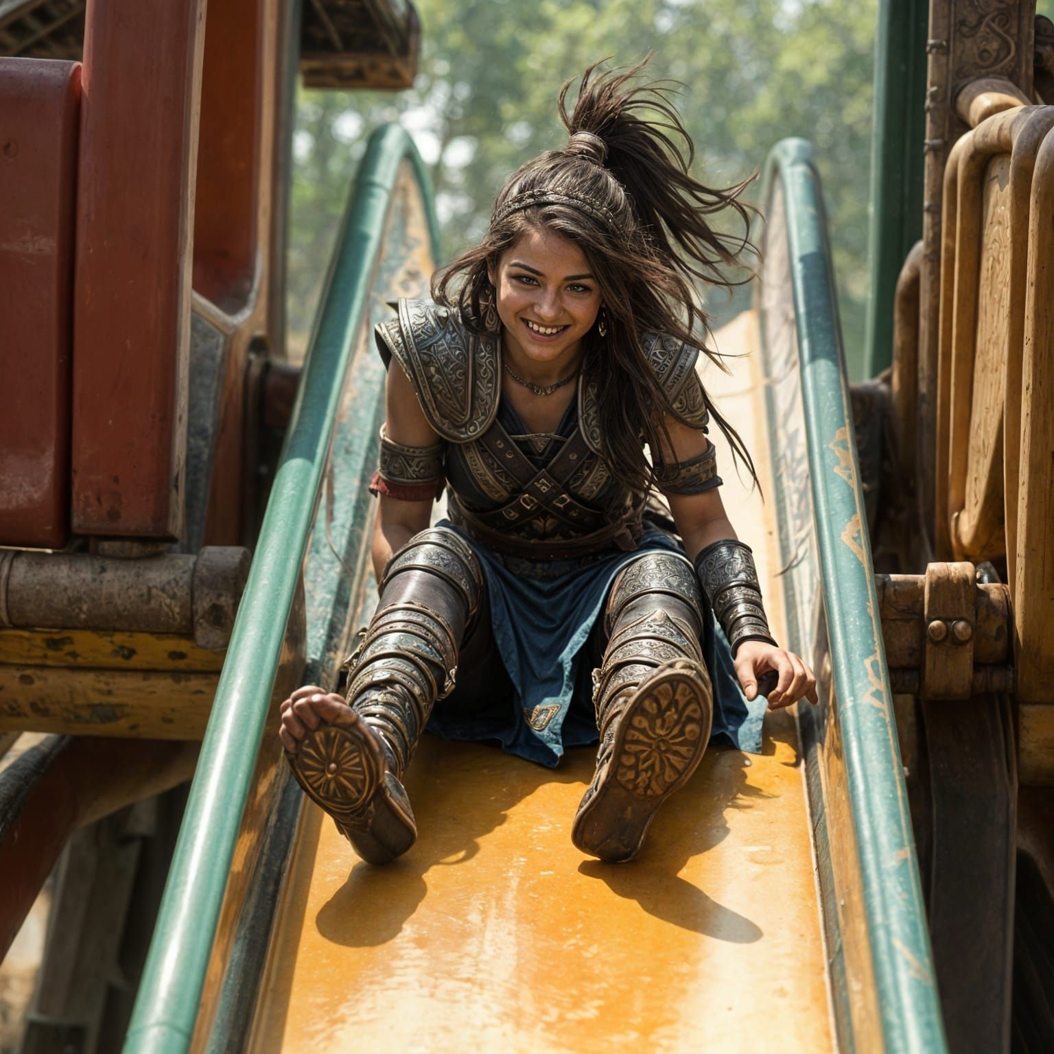 Warrior Woman Having Fun on a Slide