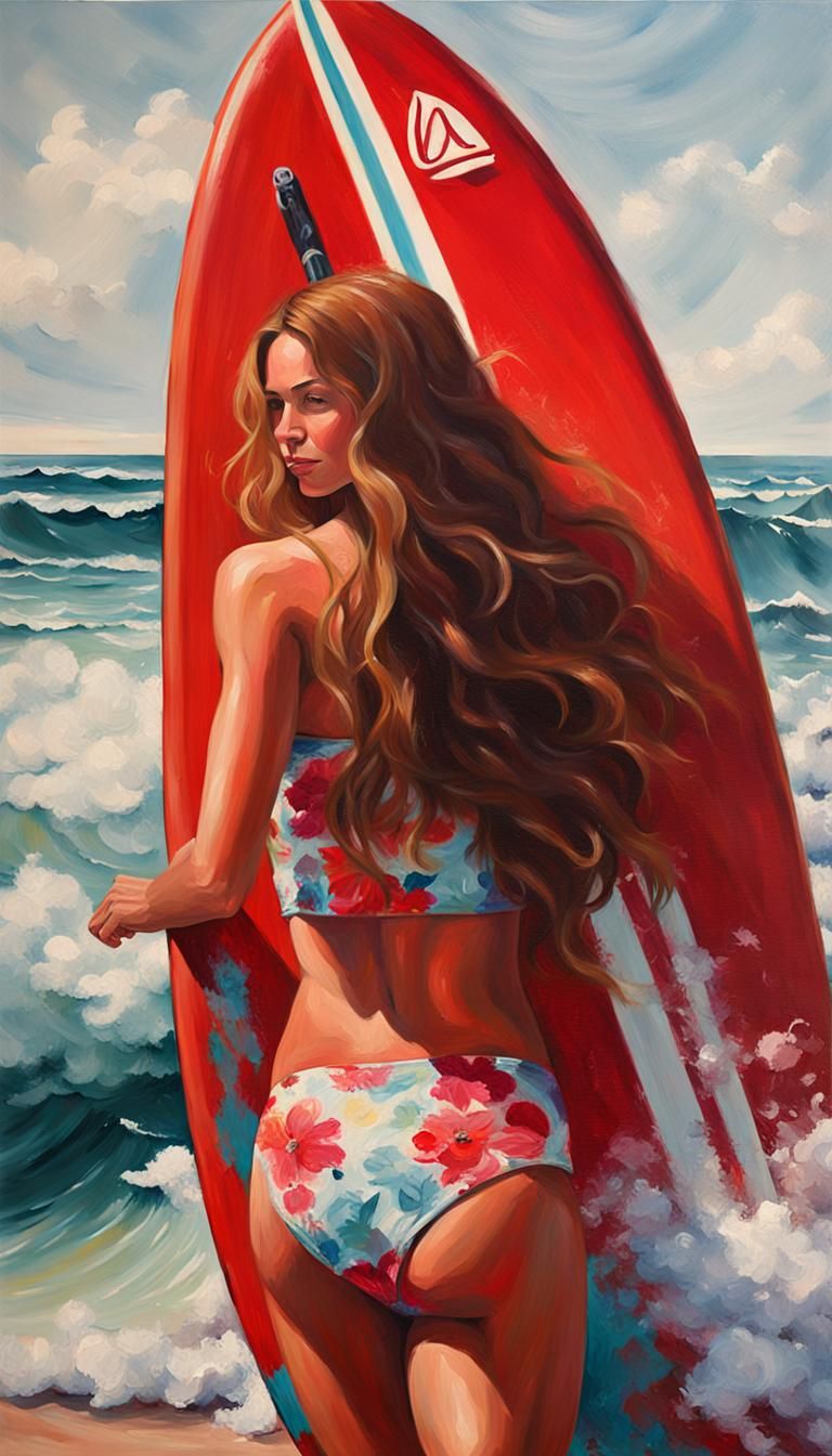 Woman with Surfboard in Tube Wave: Oil Painting