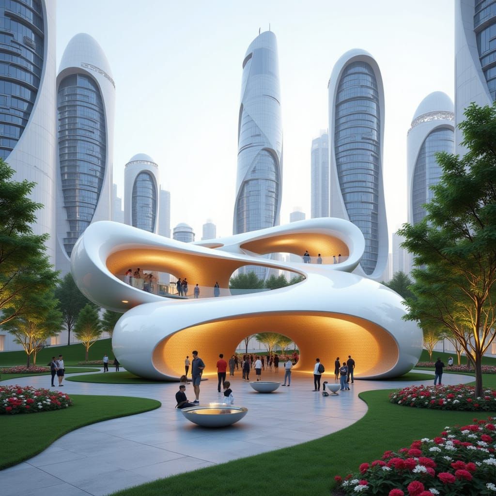 Futuristic Shell Roof Overlooking Dubai with Musicians