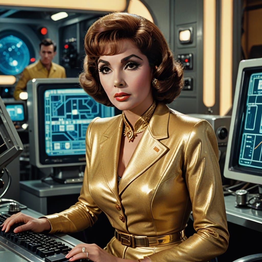 Retro Sci-Fi Golden Girl in Futuristic Lab