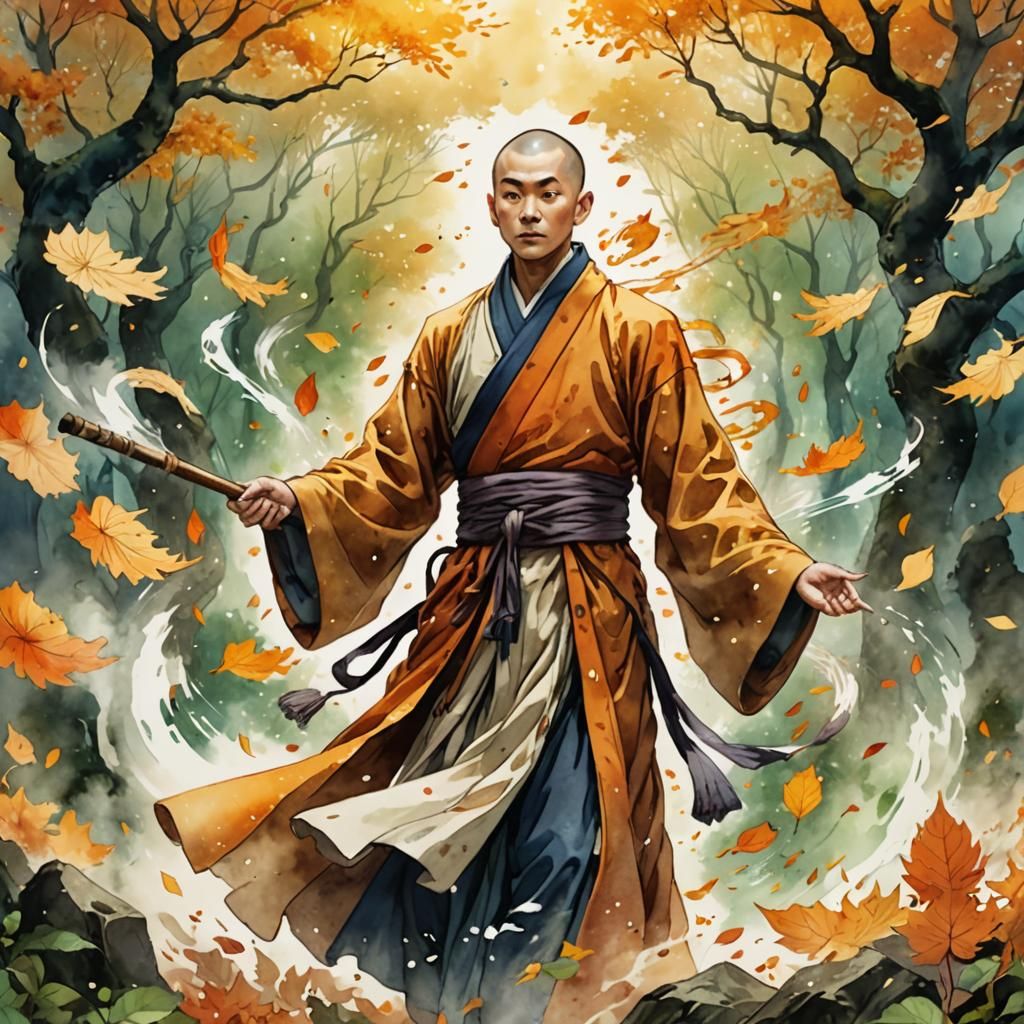 Asian Wind Monk in Watercolor Anime Style