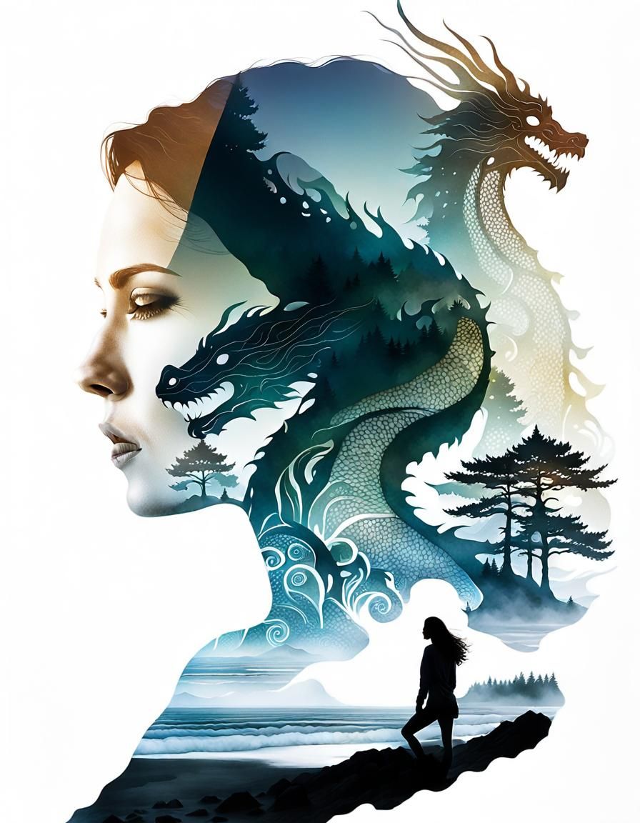 Double Exposure: Woman and Dragon Silhouette