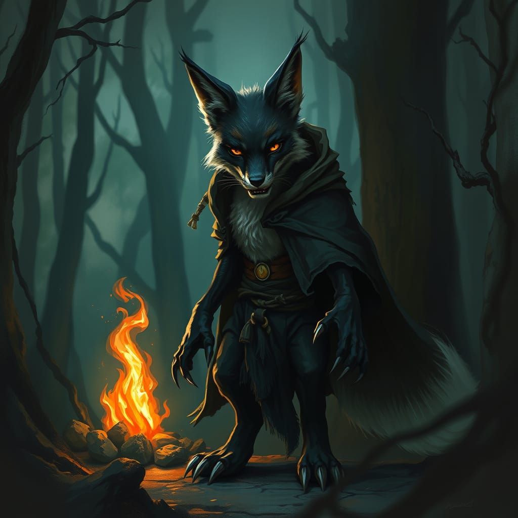 Mystical Fox-Panther Creature in Dark Fantasy Forest