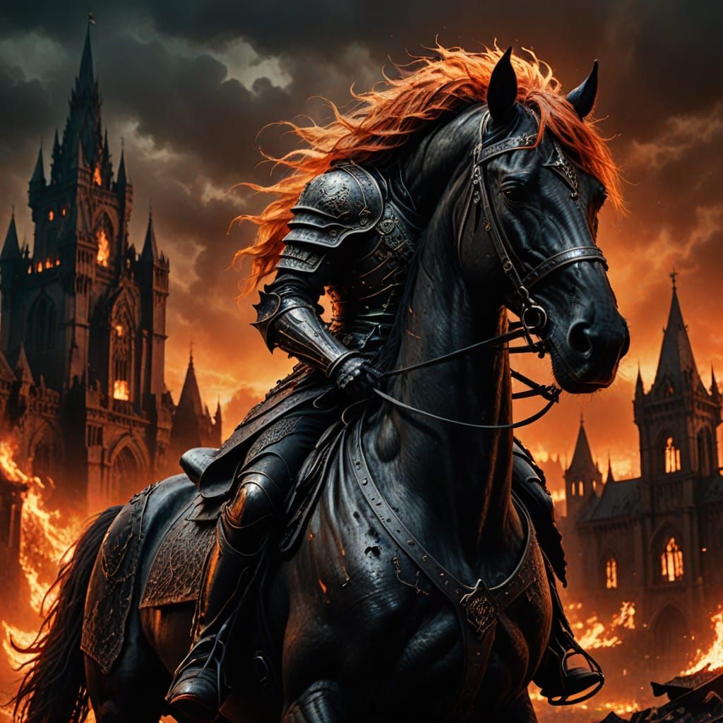 Gothic Rider on Horseback in Apocalyptic Ruins
