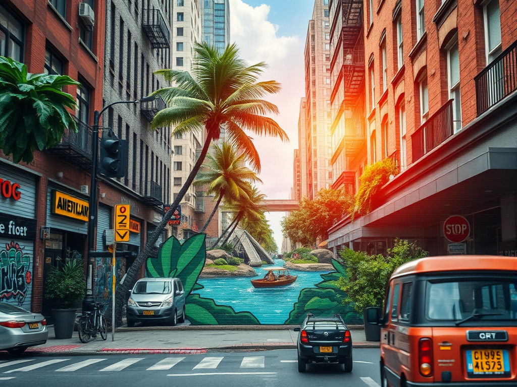 Tropical Oasis Graffiti Art on City Wall