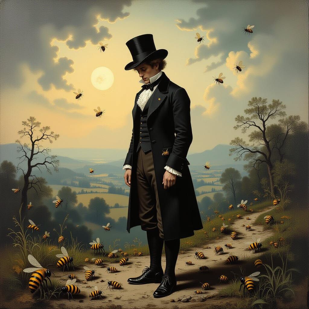 Melancholic Figure with Bees in Surreal Landscape
