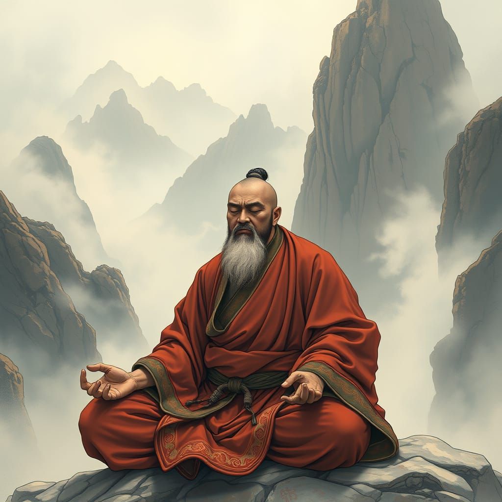 Shaolin Monk in Deep Meditation: Expressive Illustration