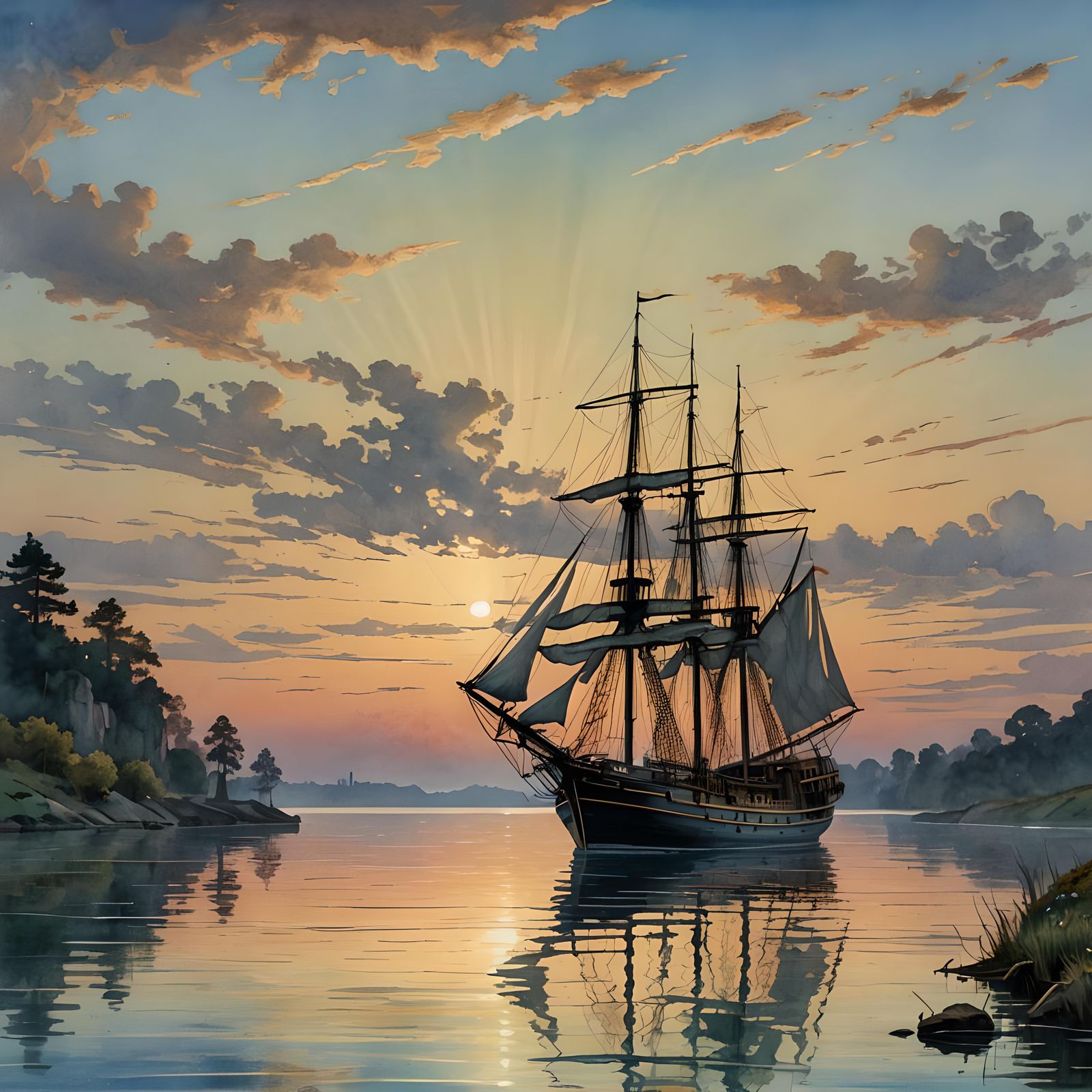 Ship at Anchor: Digital Watercolour Sunrise