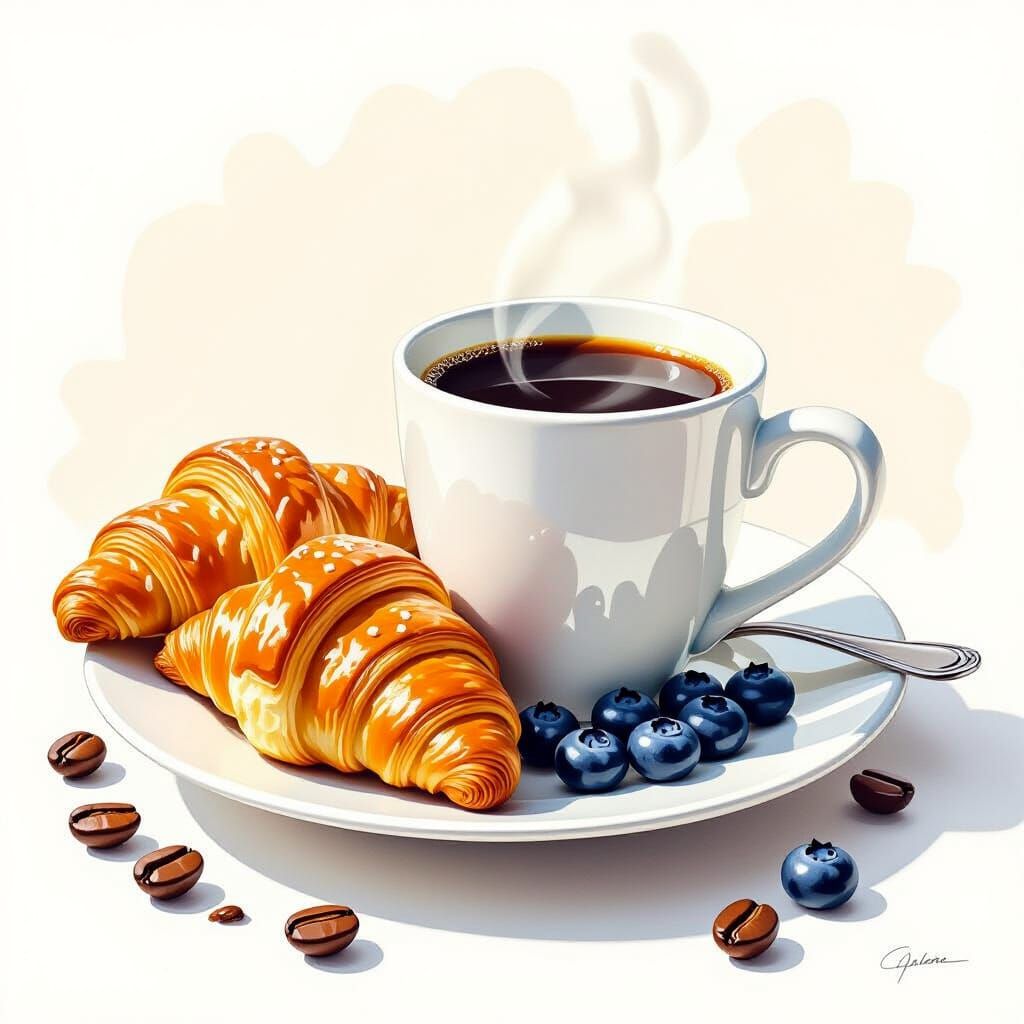 Golden Croissants With Steaming Coffee, Watercolor Style