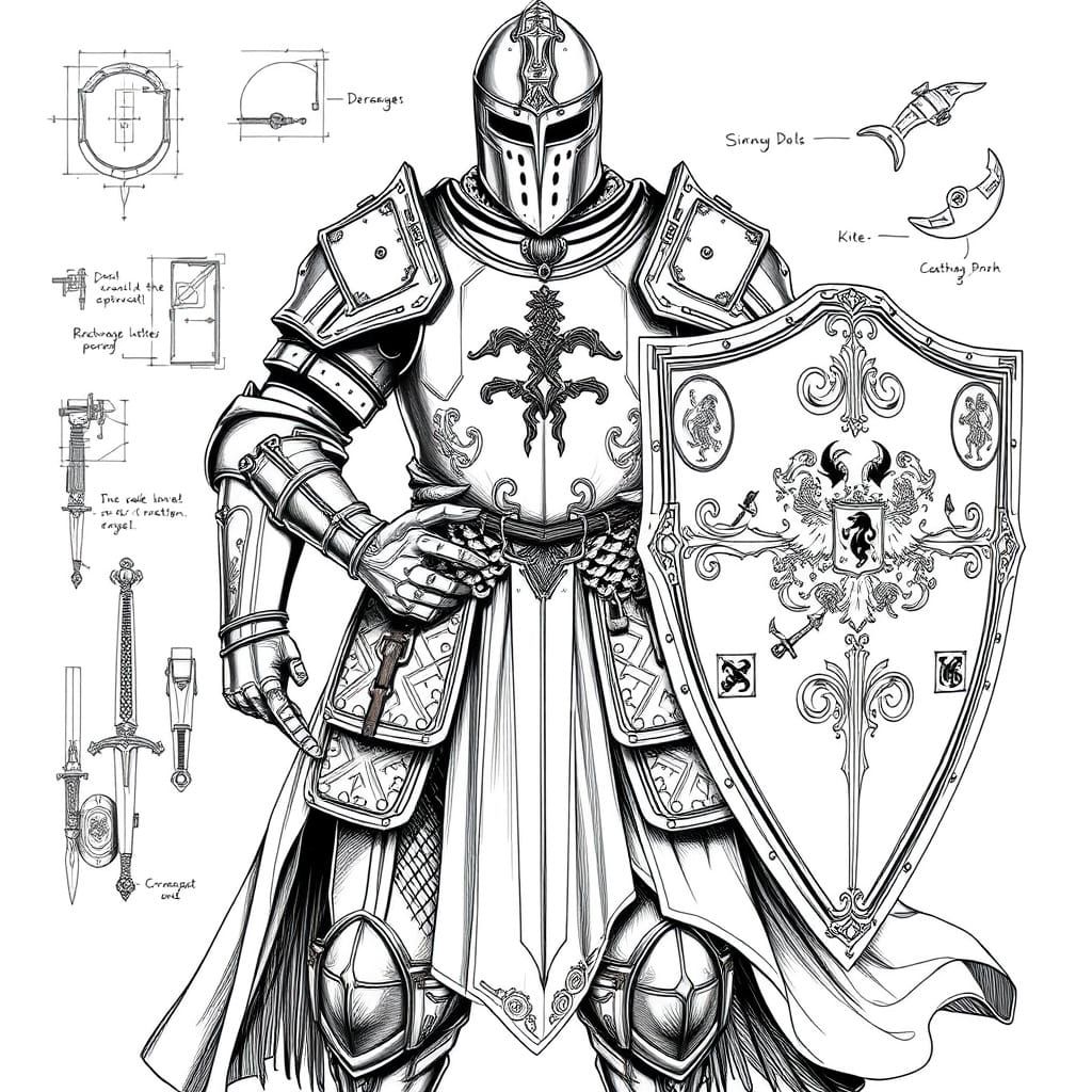 Technical Medieval Armor Suit Illustration in Black and Whit...
