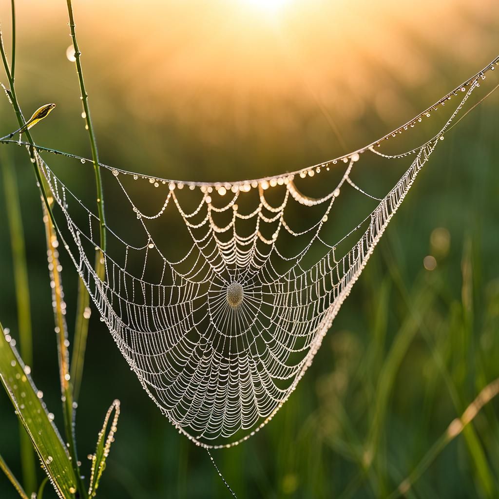 Dewdrop Shimmers on Spiderweb in Morning Light