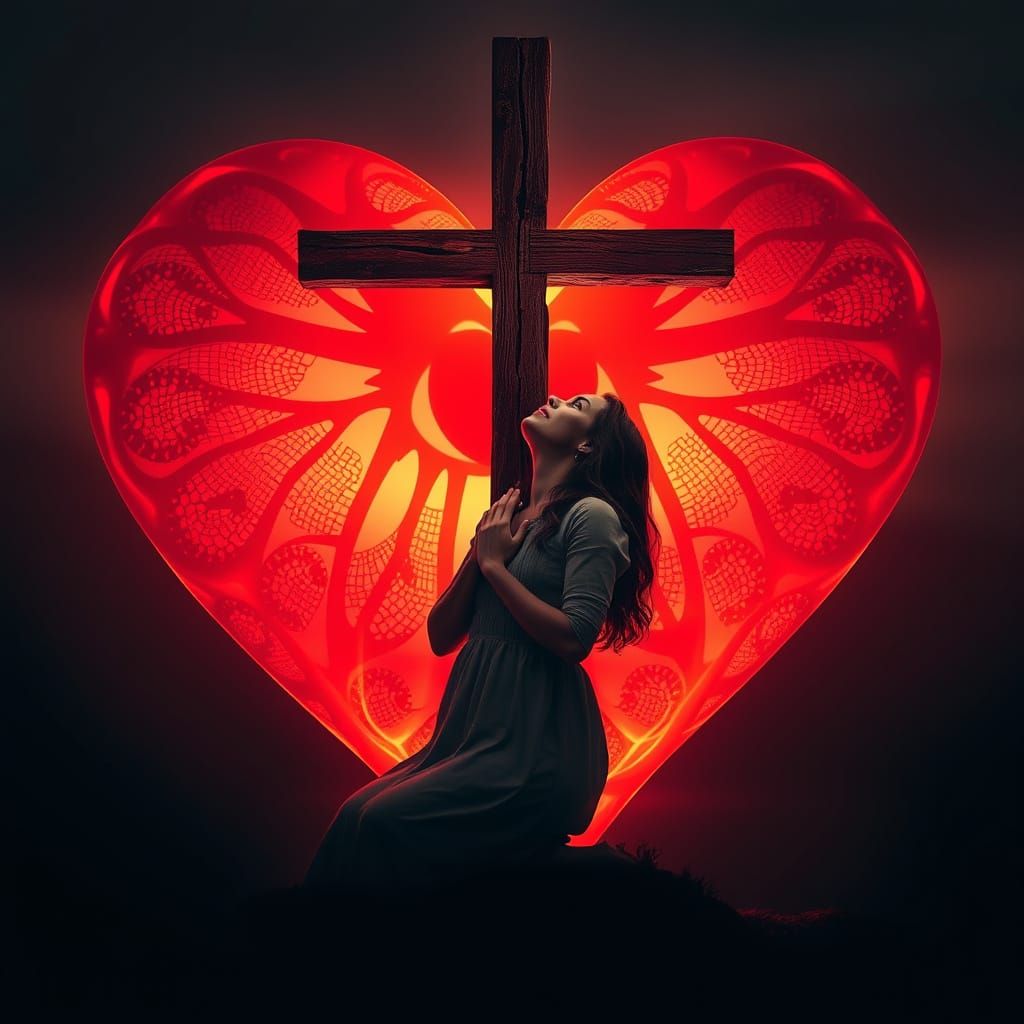 Glowing Heart Encompasses a Devout Woman Before a Weathered ...