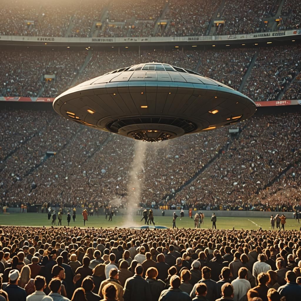 Flying Saucer Lands in Football Stadium: Cinematic Still