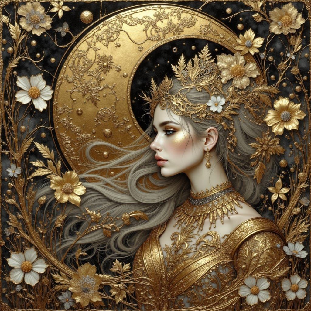 Majestic Princess Portrait in Ancient Gold Style