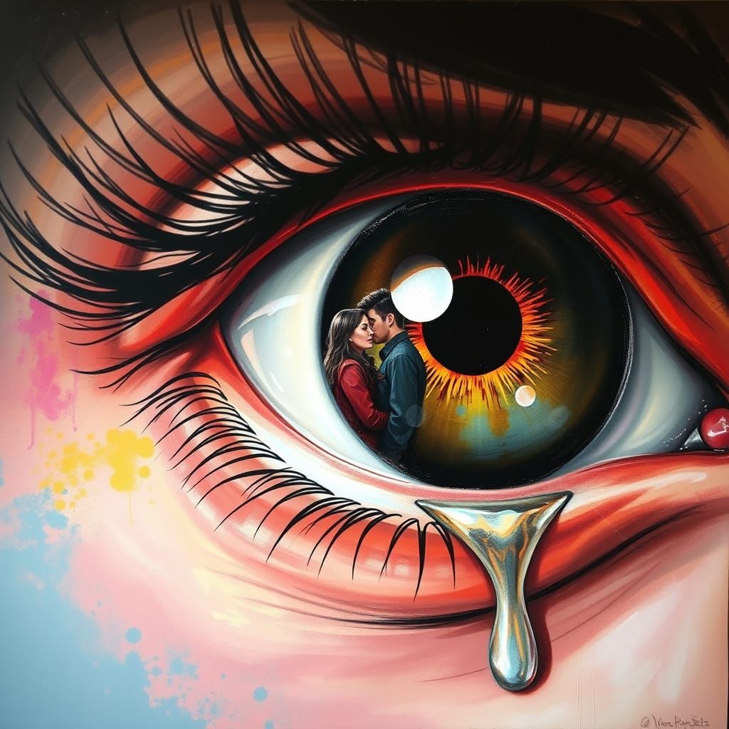 Hyperrealistic Eye with Tear Reflecting a Couple in Impressi...