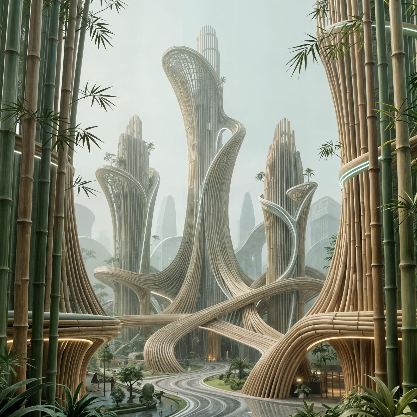 Futuristic Bamboo Cityscape with Organic Architecture
