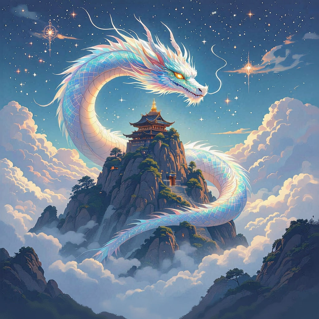 Celestial Dragon Guarding Mountain Shrine in Anime Style