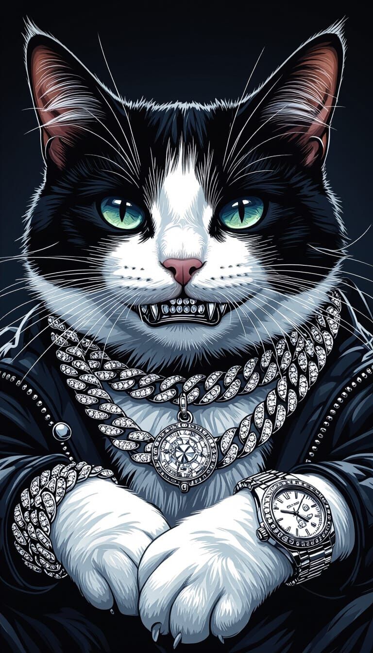 Cat with Iced Out Grillz and Jewelry, Digital Art