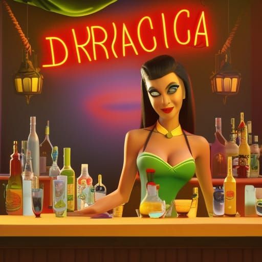 Dracula working in a tiki bar