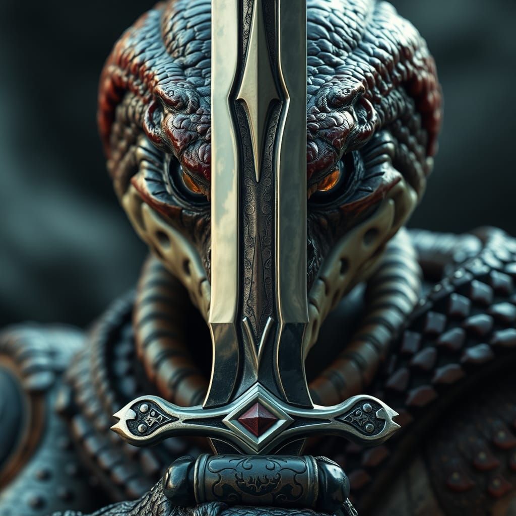 Fierce Snake Warrior with Reflective Sword: Fantasy Art