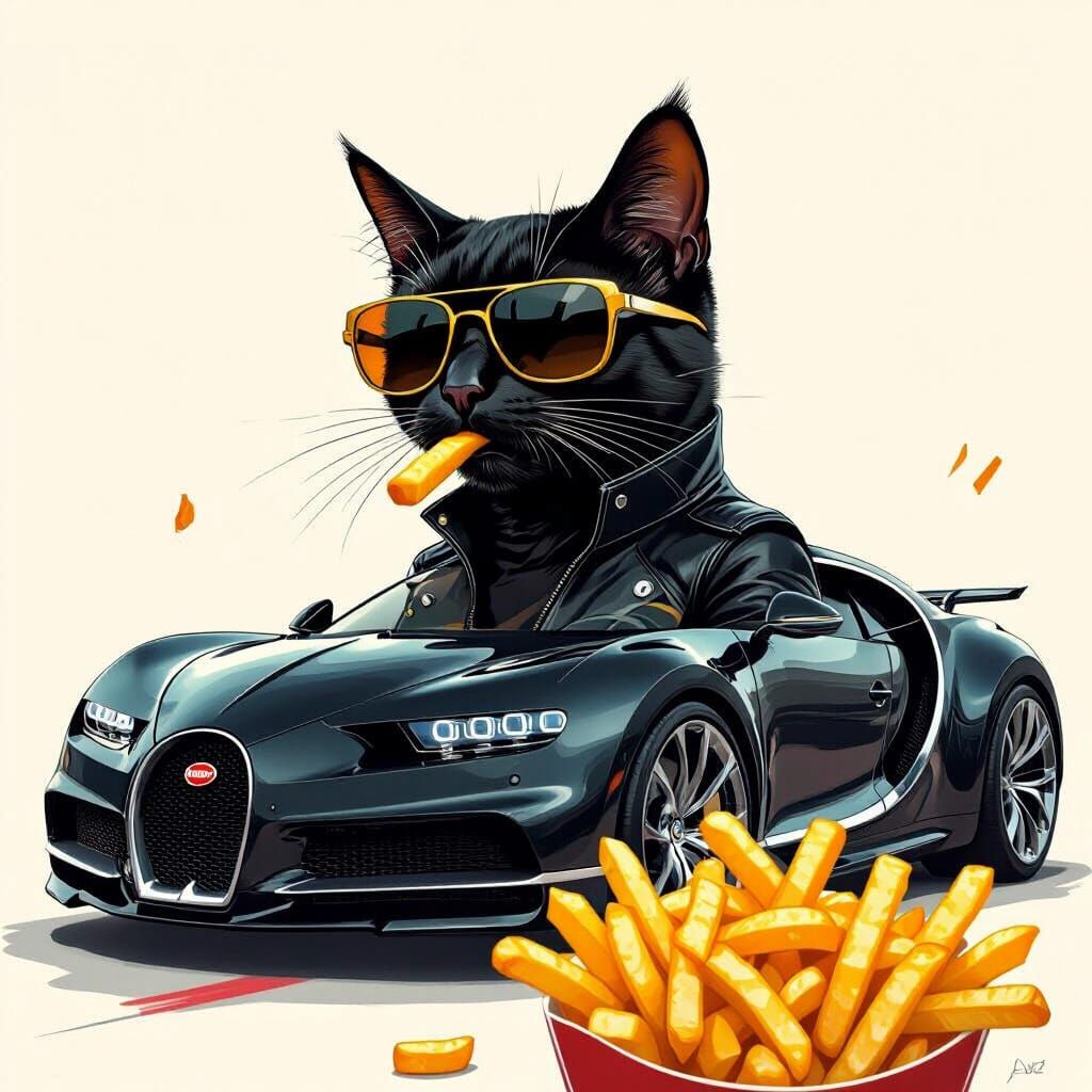 Cat in Bugatti Eating Fries, Syd Mead Style